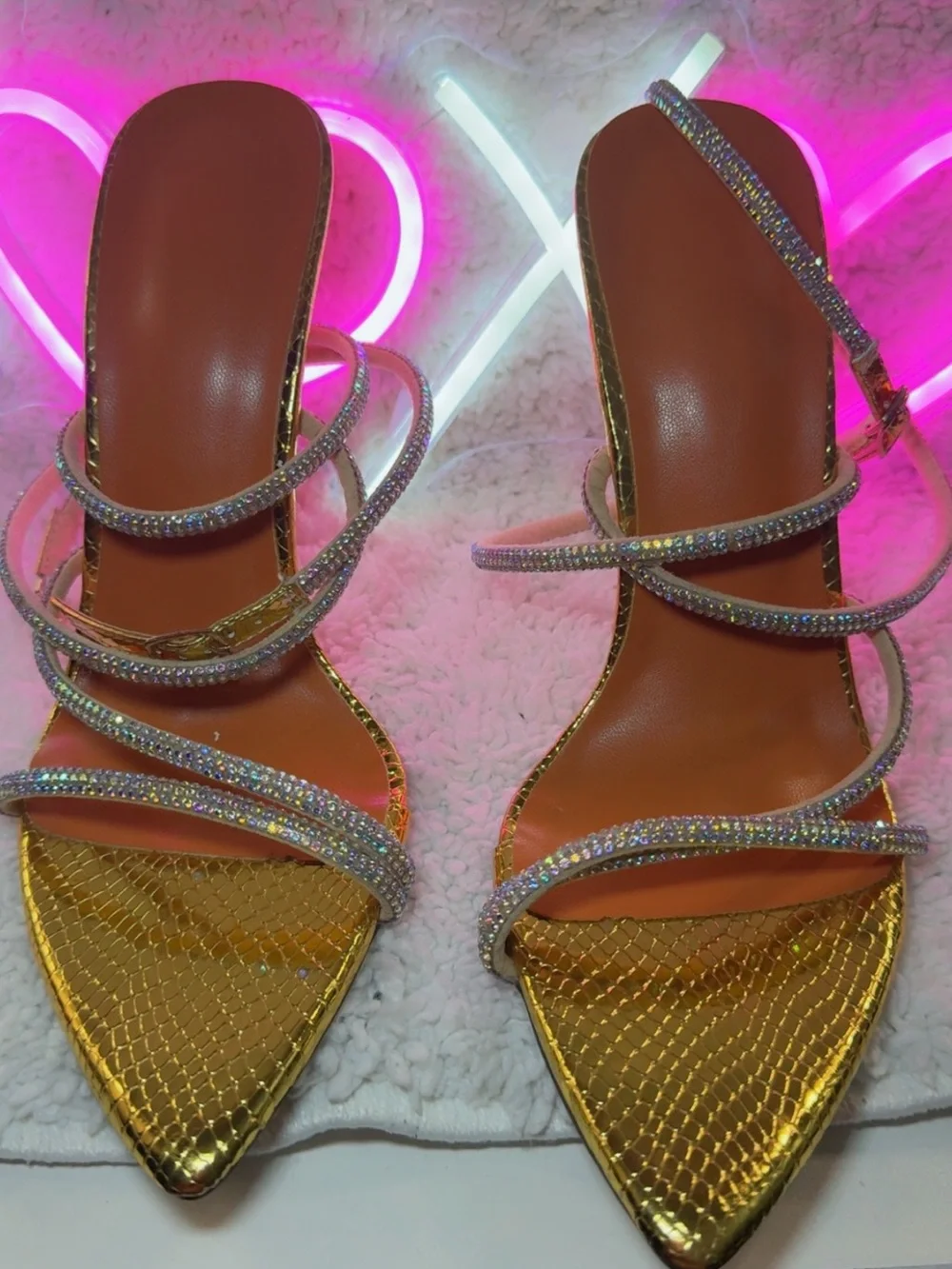 SHEIN Gold Metallic Stiletto Sandals with Rhinestone Straps